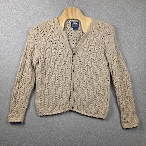 Rey Wear Cardigan Sweater Womens Large Beige Hand Knit Cotton Crochet Boho